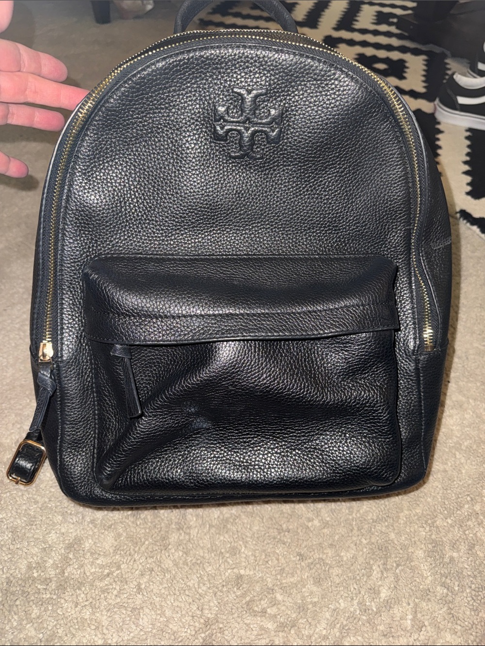Tory Burch Black Pebbled Leather Backpack with Gold Hardware